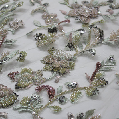Tulle Alta Moda | Ramage di Fiori 3D a Degradé con Perline, Coralli e Paillettes
