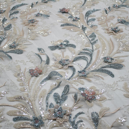 Degradé Multicolor 3D Floral Ramage Embroidered Tulle with Sequins, Beads, and Corals