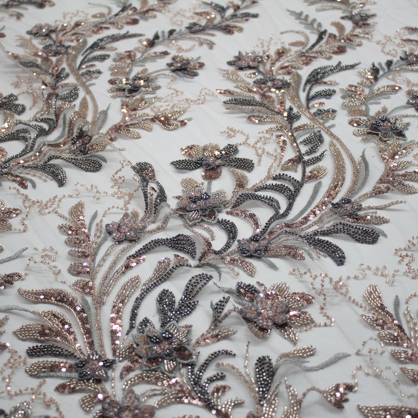 Degradé Multicolor 3D Floral Ramage Embroidered Tulle with Sequins, Beads, and Corals