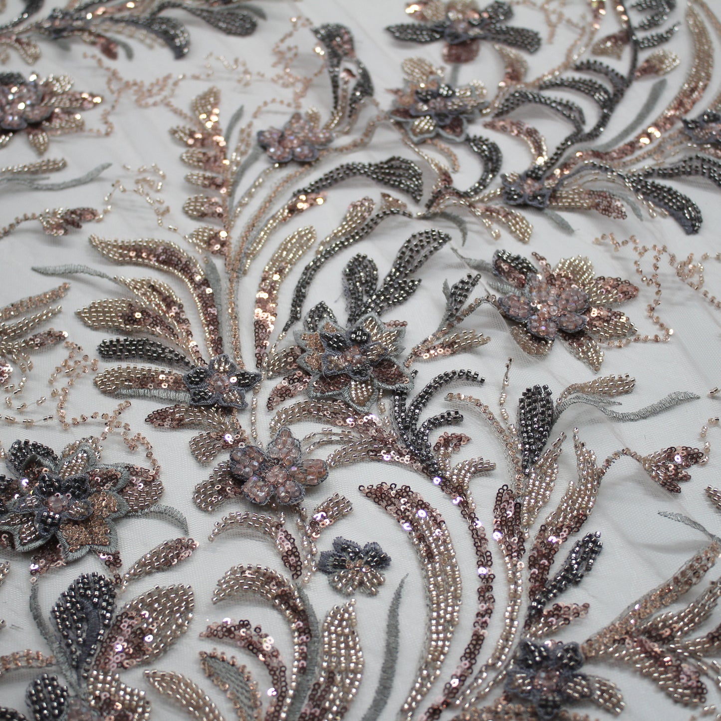 Degradé Multicolor 3D Floral Ramage Embroidered Tulle with Sequins, Beads, and Corals