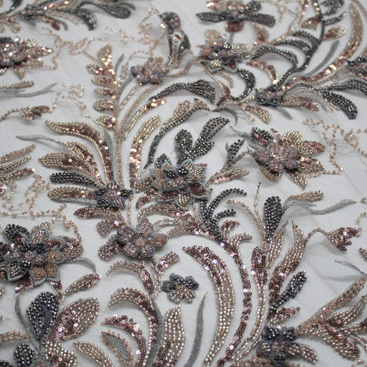 Tulle Alta Moda | Ramage di Fiori Multicolor 3D a Degradé con Perline, Coralli e Paillettes