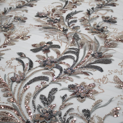 Degradé Multicolor 3D Floral Ramage Embroidered Tulle with Sequins, Beads, and Corals