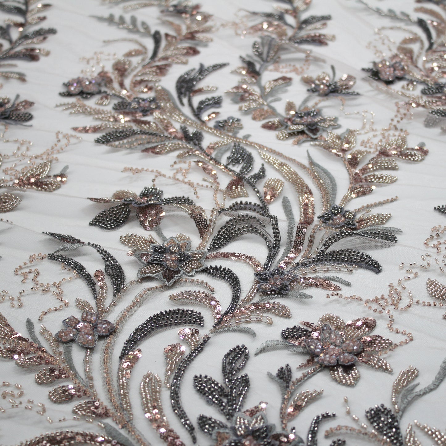 Degradé Multicolor 3D Floral Ramage Embroidered Tulle with Sequins, Beads, and Corals