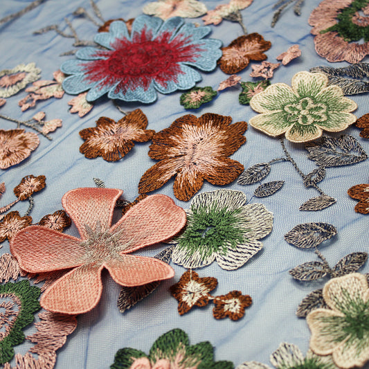 Blue Embroidered Tulle with 3D Multicolor Flowers