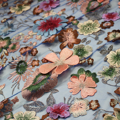 Tulle Blu Ricamato con Fiori a Rilievo Multicolor