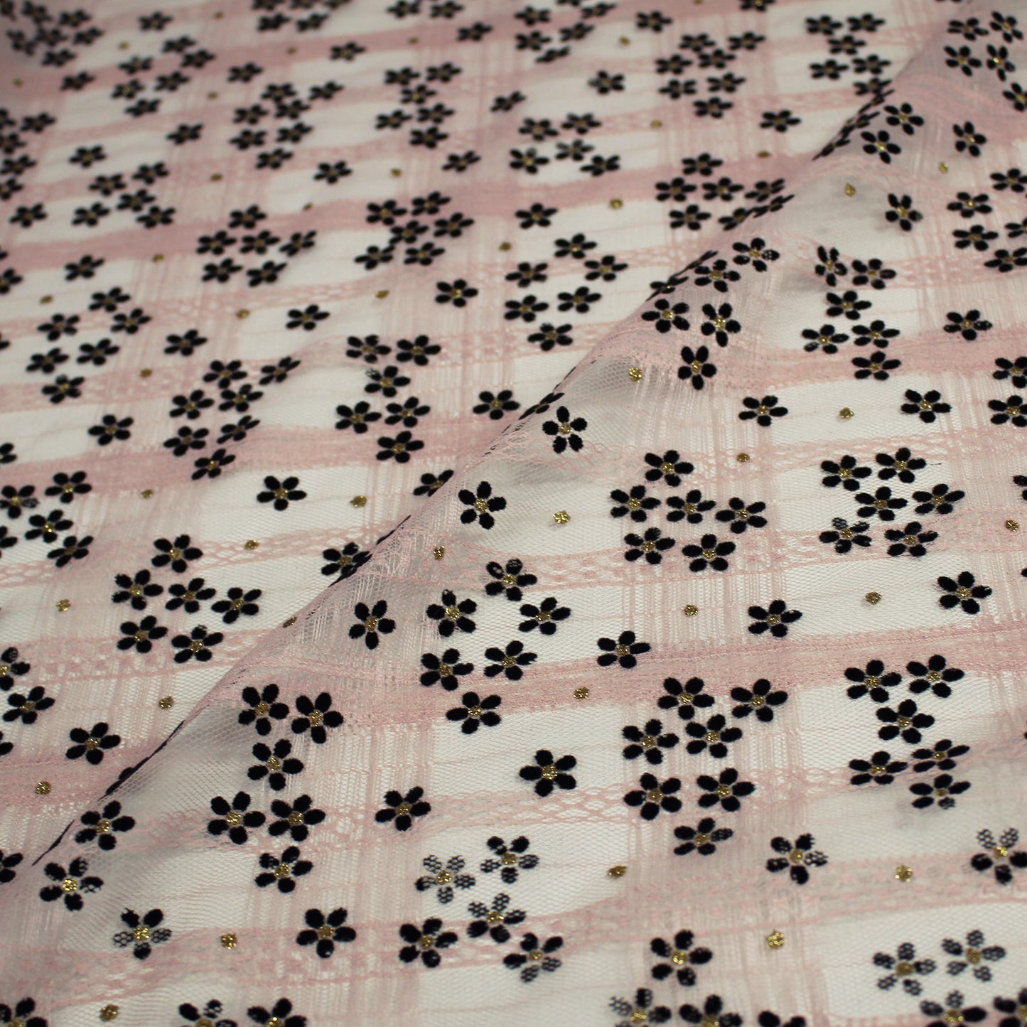 Flock Flower Tulle with Gold Glitter and Ribbon Effect Embroidery