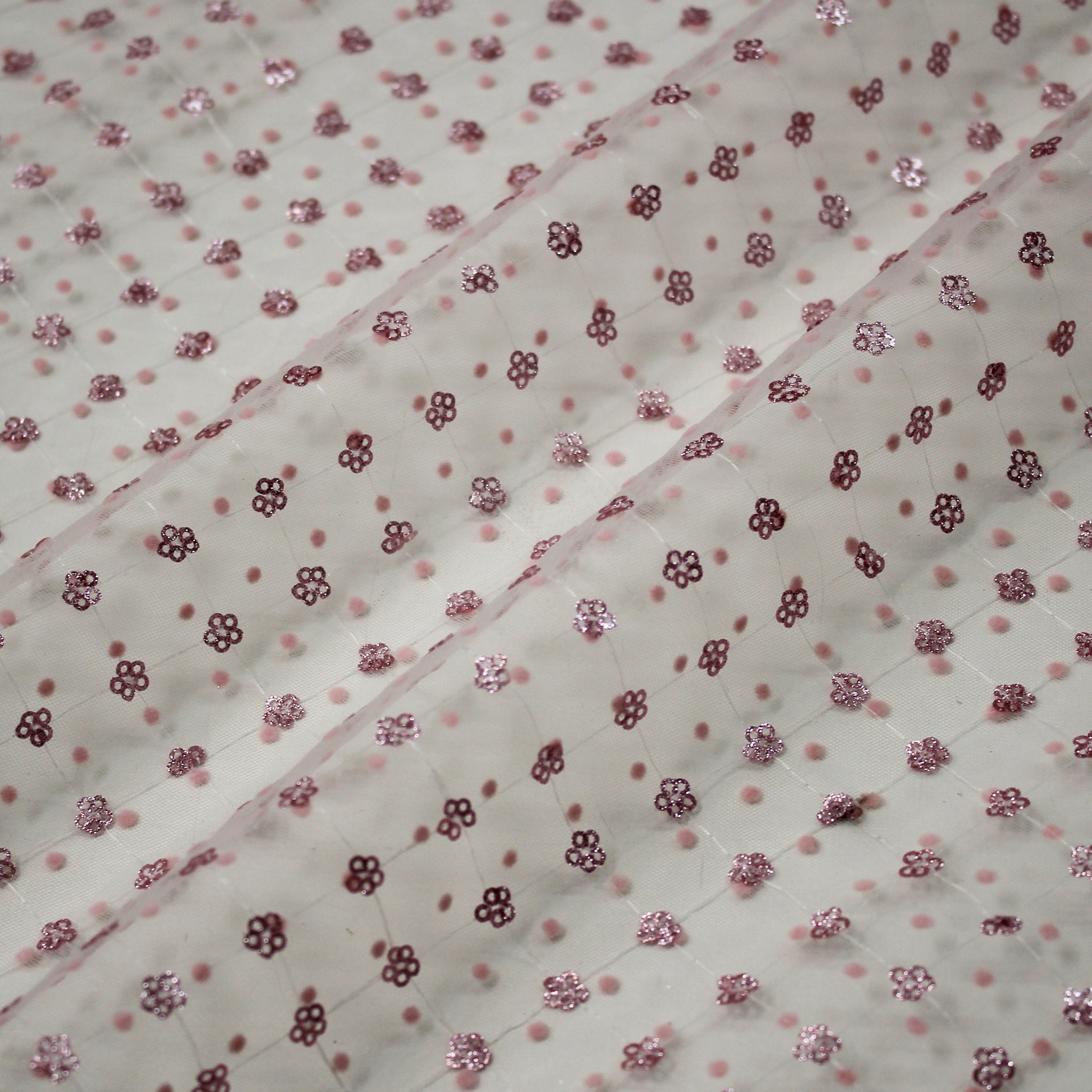 Tulle Flock Polka Dot Embroidered with Glitter Sequin Flowers