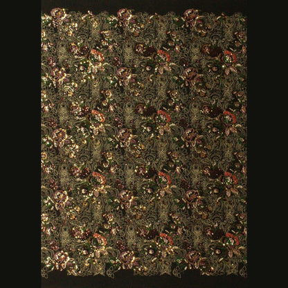 Tulle Nero Ricamato con Fiori in Paillettes, Coralli, Cannette e Filo Dorato