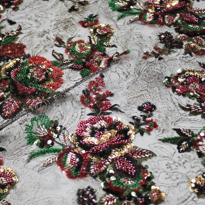 Tulle Nero Ricamato con Fiori in Paillettes, Coralli, Cannette e Filo Dorato