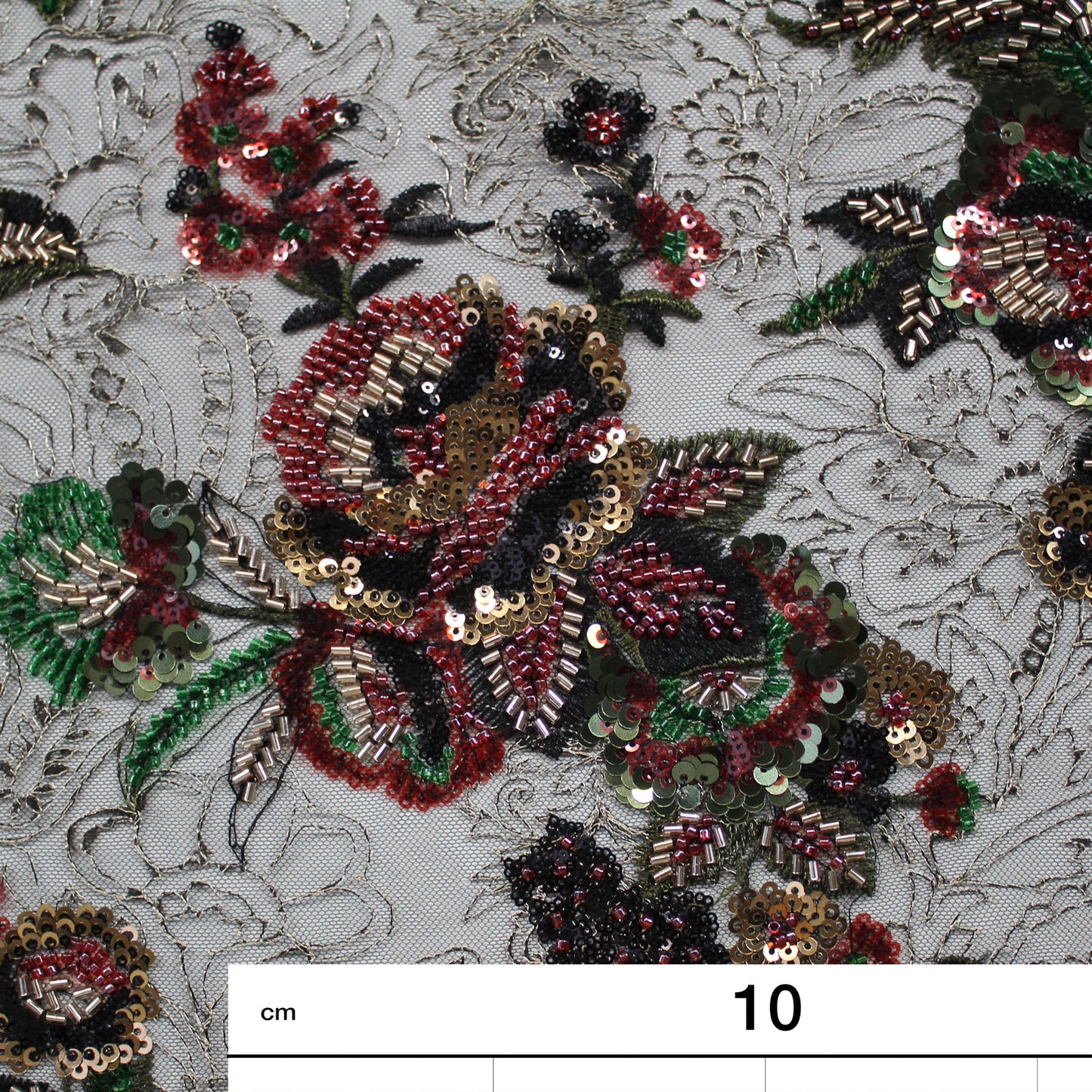Tulle Nero Ricamato con Fiori in Paillettes, Coralli, Cannette e Filo Dorato