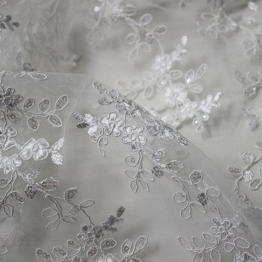 Re-embroidered Bridal Tulle with Floral Embroidery and Sequins