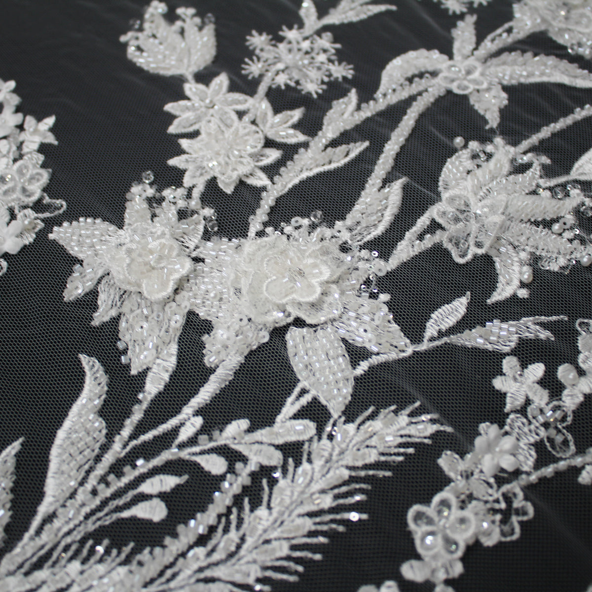 Haute Couture Tulle | Bridal 3D Embroidered Tulle with Seed Beads, Pearls, Sequins & Floral Sprays | TRW3527