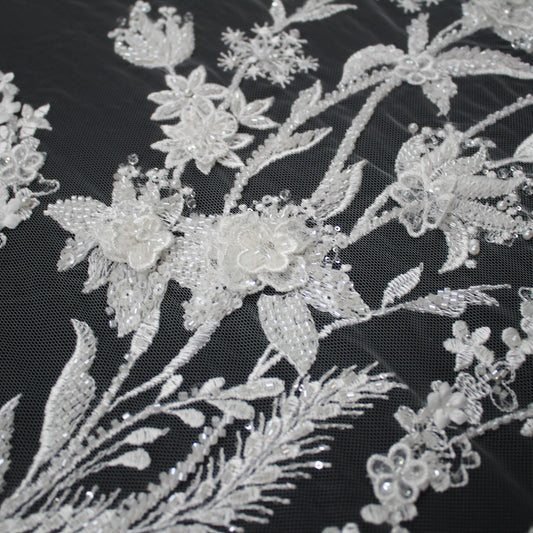 Haute Couture Tulle | Bridal 3D Embroidered Tulle with Seed Beads, Pearls, Sequins & Floral Sprays | TRW3527