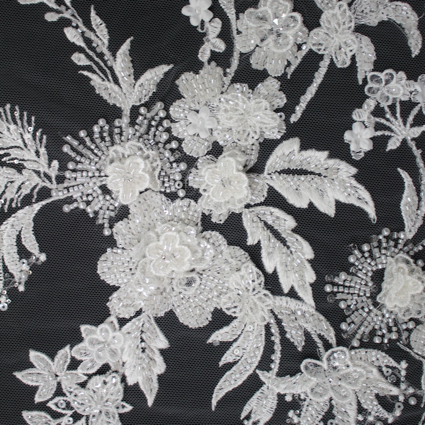 Haute Couture Tulle | Bridal 3D Embroidered Tulle with Seed Beads, Pearls, Sequins & Floral Sprays | TRW3527
