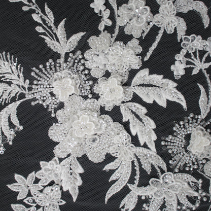 Haute Couture Tulle | Bridal 3D Embroidered Tulle with Seed Beads, Pearls, Sequins & Floral Sprays | TRW3527