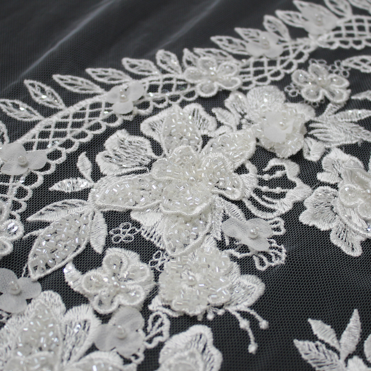 Haute Couture Tulle | Bridal 3D Thread Embroidered Tulle with Seed Beads, Pearls & Dégradé Floral Sprays Single Border | TRW3661