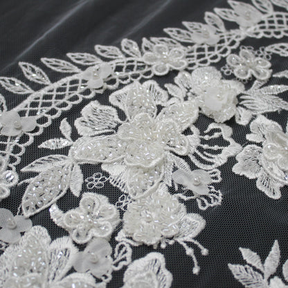 Haute Couture Tulle | Bridal 3D Thread Embroidered Tulle with Seed Beads, Pearls & Dégradé Floral Sprays Single Border | TRW3661