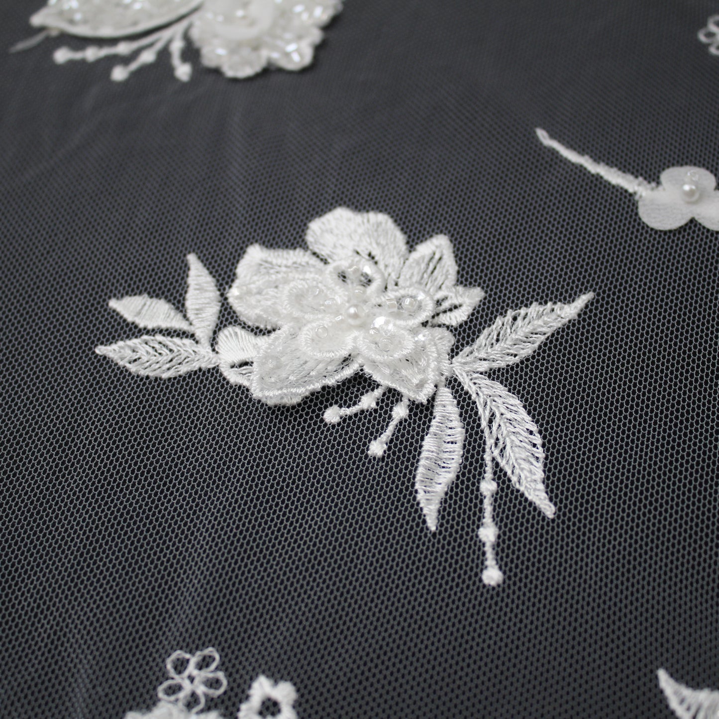 Haute Couture Tulle | Bridal 3D Thread Embroidered Tulle with Seed Beads, Pearls & Dégradé Floral Sprays Single Border | TRW3661