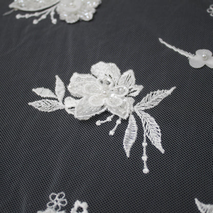 Haute Couture Tulle | Bridal 3D Thread Embroidered Tulle with Seed Beads, Pearls & Dégradé Floral Sprays Single Border | TRW3661