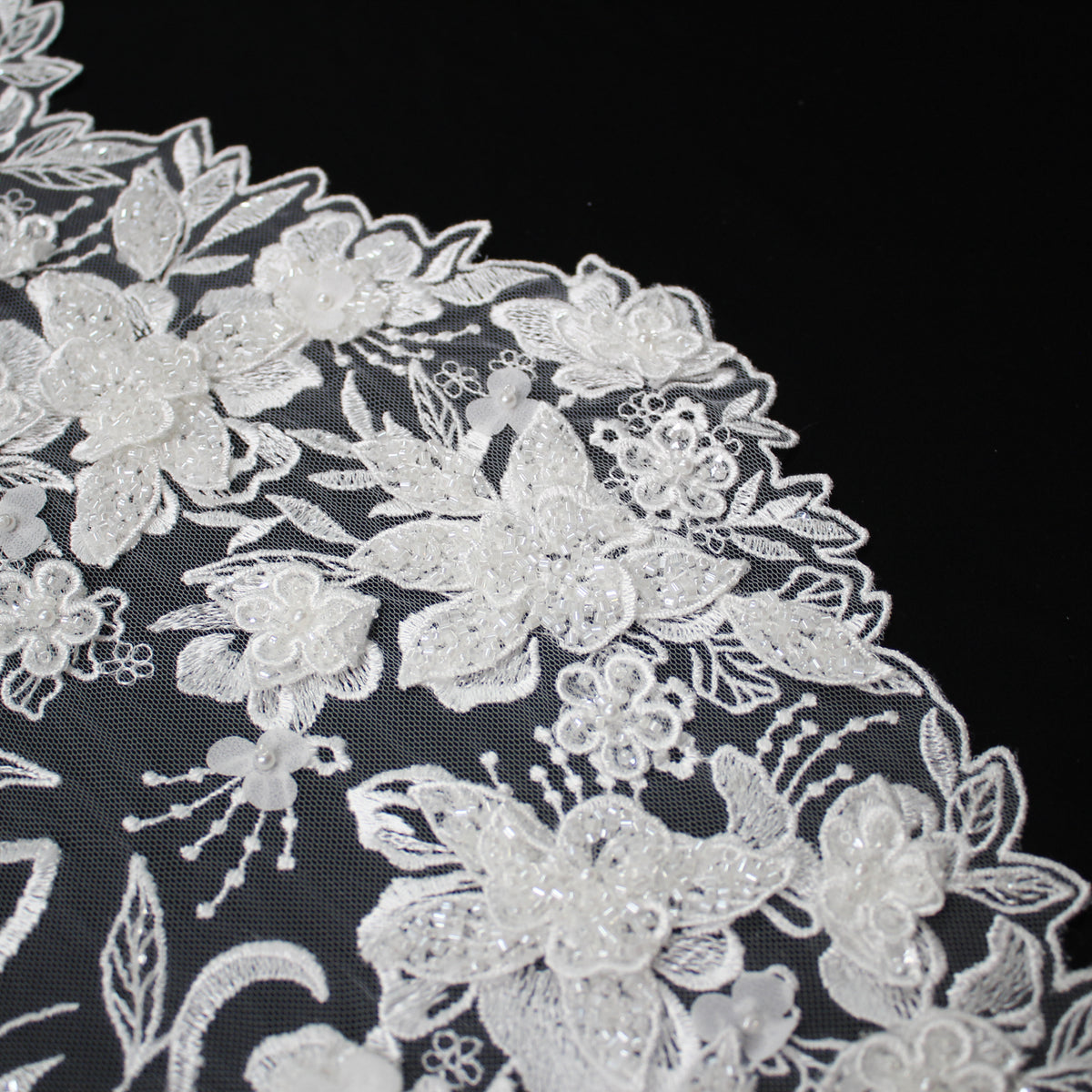 Haute Couture Tulle | Bridal 3D Thread Embroidered Tulle with Seed Beads, Pearls & Dégradé Floral Sprays Single Border | TRW3661