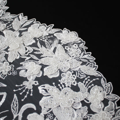 Haute Couture Tulle | Bridal 3D Thread Embroidered Tulle with Seed Beads, Pearls & Dégradé Floral Sprays Single Border | TRW3661