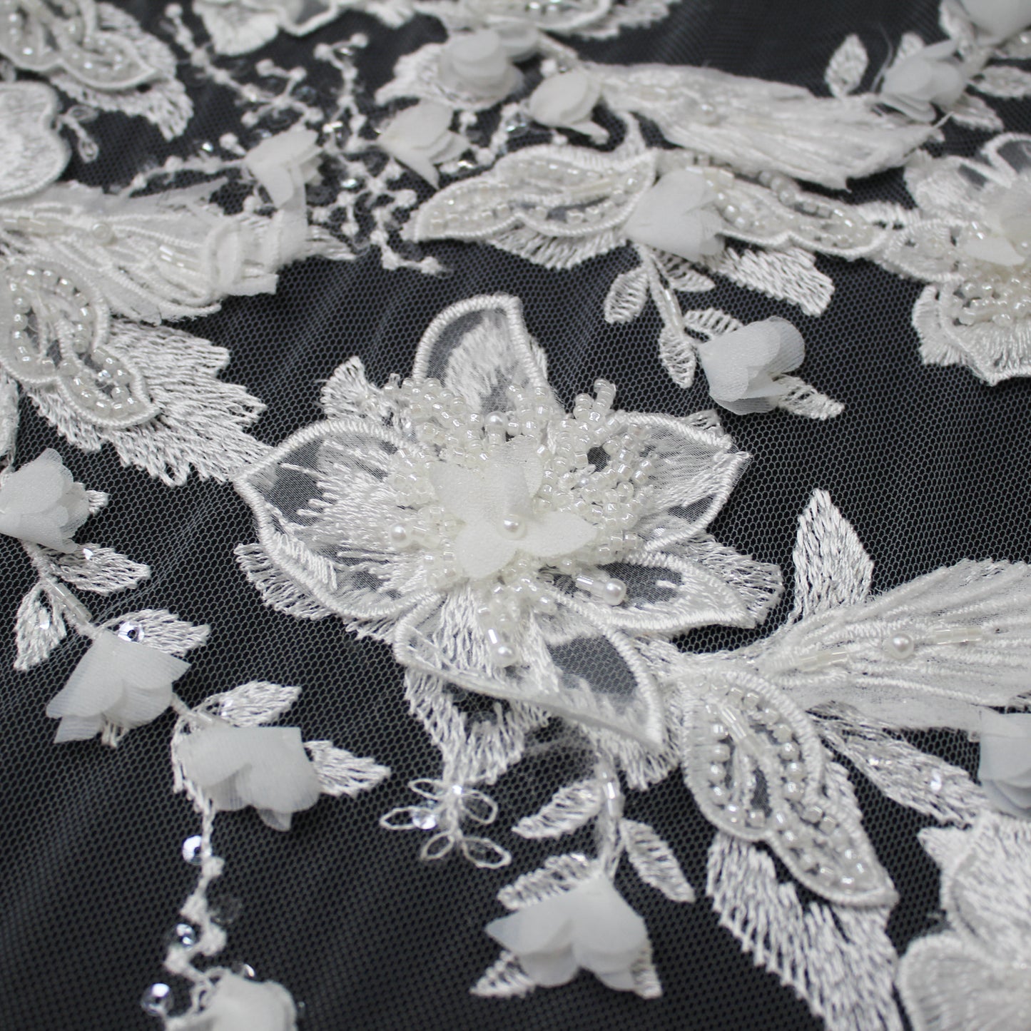 Haute Couture Tulle | Bridal 3D Thread Embroidered Tulle with Pearls, Seed Beads & Floral Sprays | TRW3660