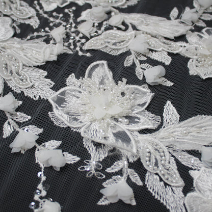 Haute Couture Tulle | Bridal 3D Thread Embroidered Tulle with Pearls, Seed Beads & Floral Sprays | TRW3660