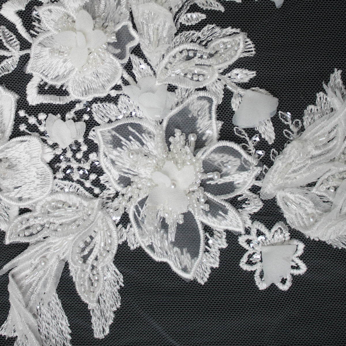 Haute Couture Tulle | Bridal 3D Thread Embroidered Tulle with Pearls, Seed Beads & Floral Sprays | TRW3660