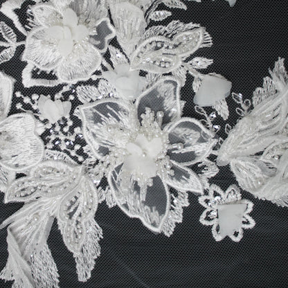 Haute Couture Tulle | Bridal 3D Thread Embroidered Tulle with Pearls, Seed Beads & Floral Sprays | TRW3660