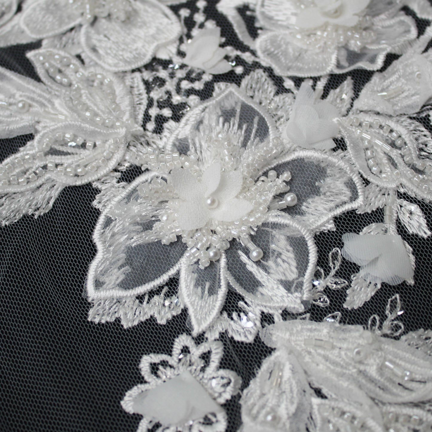Haute Couture Tulle | Bridal 3D Thread Embroidered Tulle with Pearls, Seed Beads & Floral Sprays | TRW3660