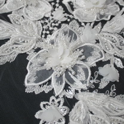 Haute Couture Tulle | Bridal 3D Thread Embroidered Tulle with Pearls, Seed Beads & Floral Sprays | TRW3660