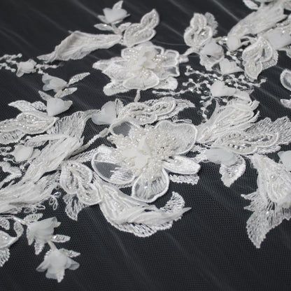 Haute Couture Tulle | Bridal 3D Thread Embroidered Tulle with Pearls, Seed Beads & Floral Sprays | TRW3660
