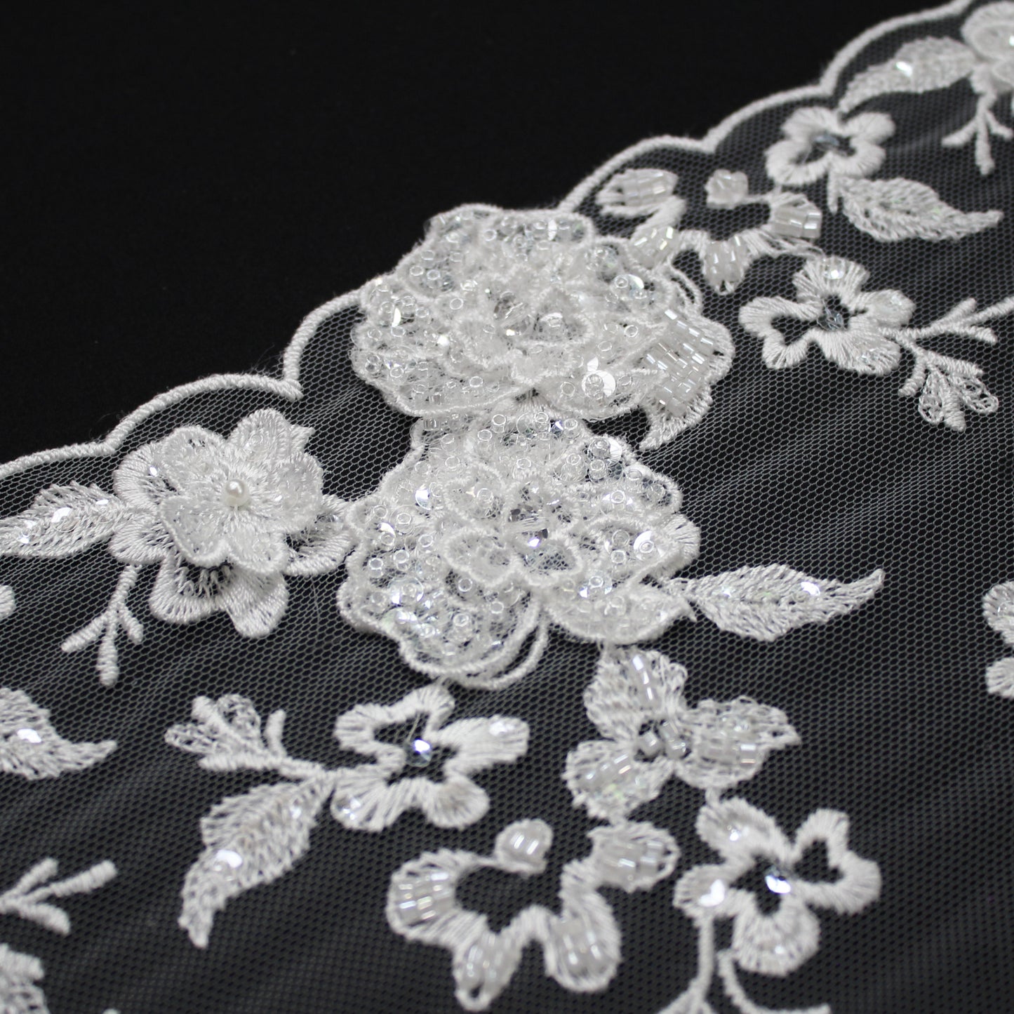 Haute Couture Tulle | Bridal 3D Embroidered Tulle with Sequins, Beads, Seed Beads & Scattered Floral Bouquets | TRW3528