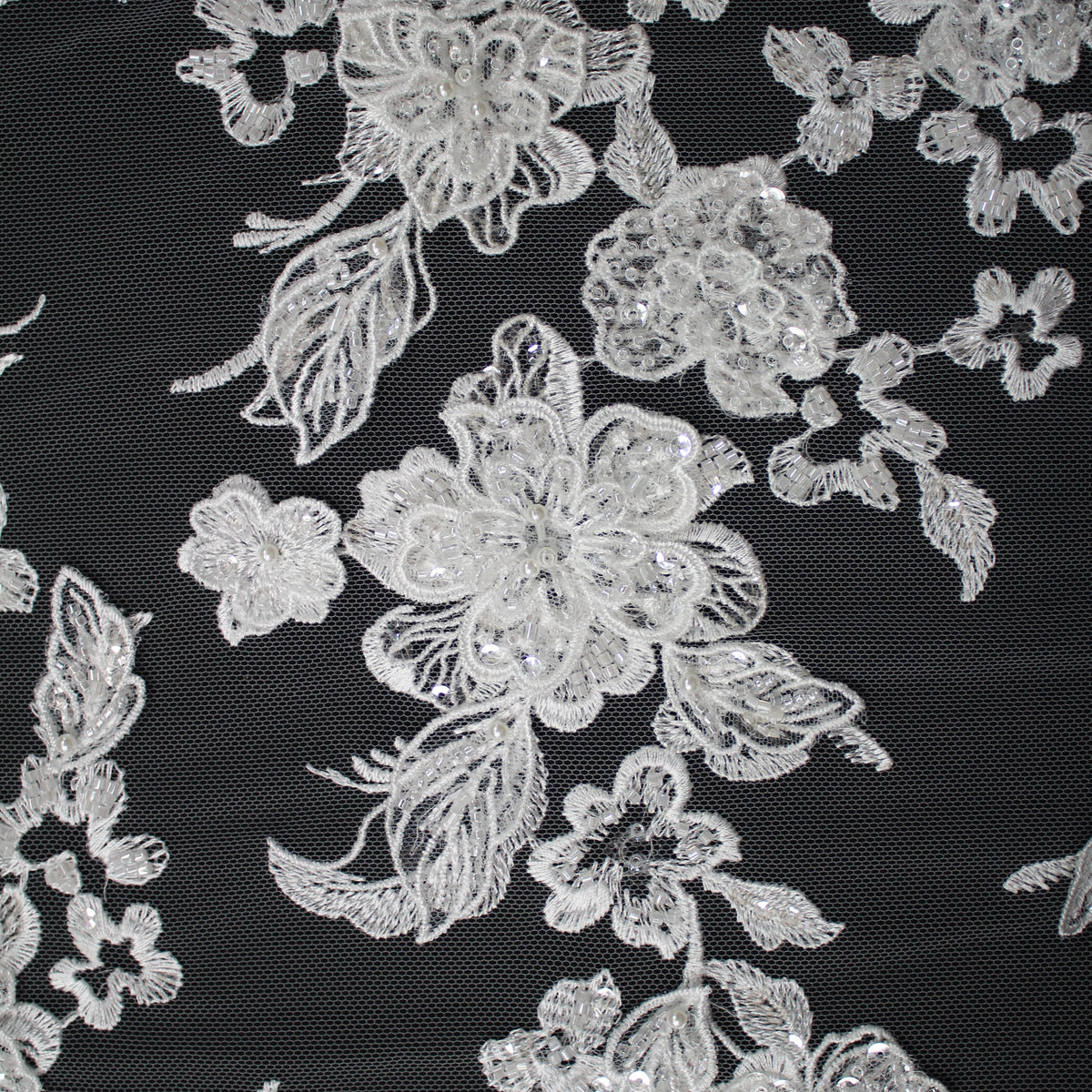 Haute Couture Tulle | Bridal 3D Embroidered Tulle with Sequins, Beads, Seed Beads & Scattered Floral Bouquets | TRW3528