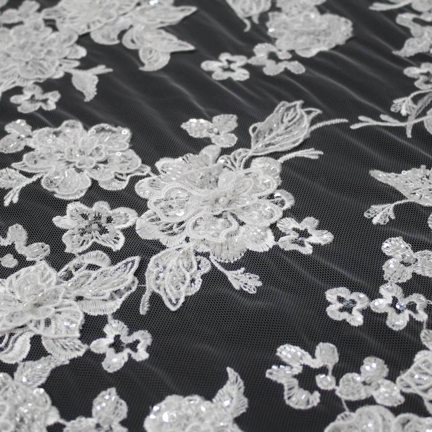 Haute Couture Tulle | Bridal 3D Embroidered Tulle with Sequins, Beads, Seed Beads & Scattered Floral Bouquets | TRW3528