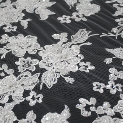 Haute Couture Tulle | Bridal 3D Embroidered Tulle with Sequins, Beads, Seed Beads & Scattered Floral Bouquets | TRW3528