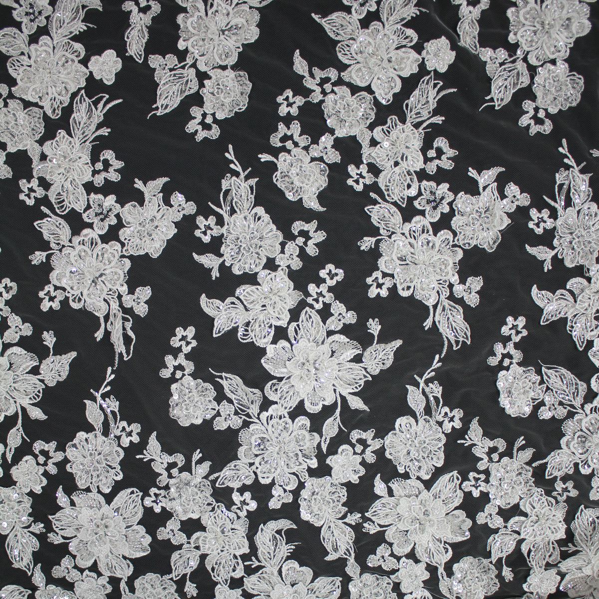 Haute Couture Tulle | Bridal 3D Embroidered Tulle with Sequins, Beads, Seed Beads & Scattered Floral Bouquets | TRW3528