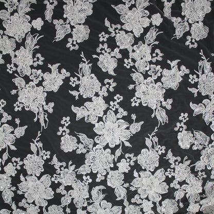 Haute Couture Tulle | Bridal 3D Embroidered Tulle with Sequins, Beads, Seed Beads & Scattered Floral Bouquets | TRW3528