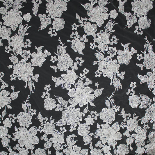 Haute Couture Tulle | Bridal 3D Embroidered Tulle with Sequins, Beads, Seed Beads & Scattered Floral Bouquets | TRW3528