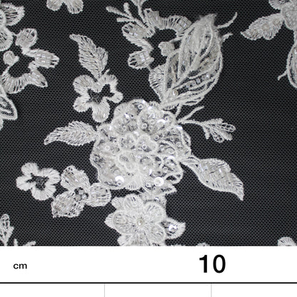 Haute Couture Tulle | Bridal 3D Embroidered Tulle with Sequins, Beads, Seed Beads & Scattered Floral Bouquets | TRW3528