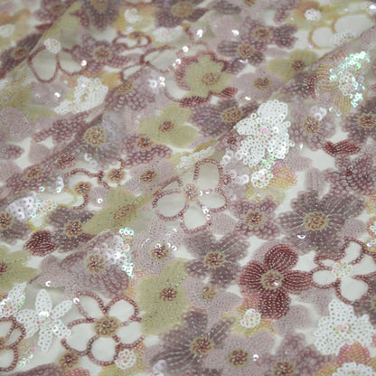 Tulle Ricamato a Campo Pieno | Fiori Multidimensione e Paillettes Multicolor