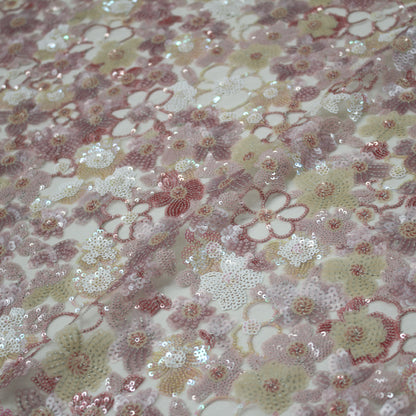 Tulle Ricamato a Campo Pieno | Fiori Multidimensione e Paillettes Multicolor