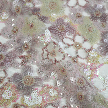 Tulle Ricamato a Campo Pieno | Fiori Multidimensione e Paillettes Multicolor