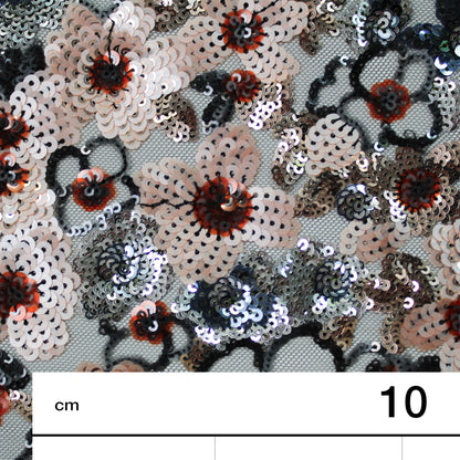 Tulle Ricamato a Campo Pieno | Fiori Multidimensione e Paillettes Multicolor