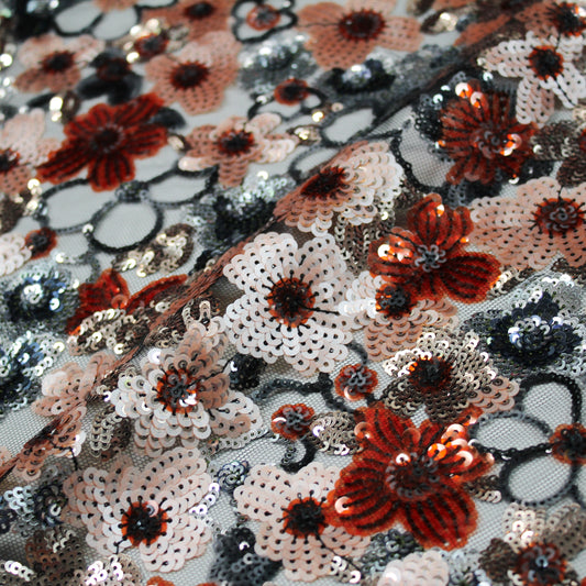 Tulle Ricamato a Campo Pieno | Fiori Multidimensione e Paillettes Multicolor