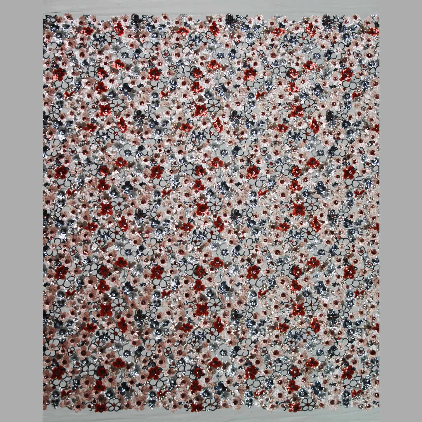 Tulle Ricamato a Campo Pieno | Fiori Multidimensione e Paillettes Multicolor