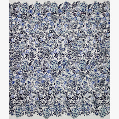 Tulle Ricamato Bianco con Fiori Blu a Rilievo