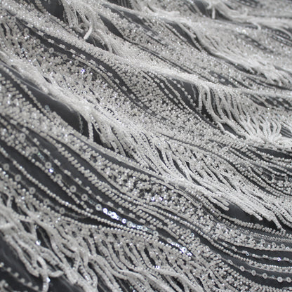 Haute Couture Tulle | All-Over Embroidered Tulle with Abstract Wavy Diagonal Bands, Sequins & Seed Bead Fringes | TRW4071