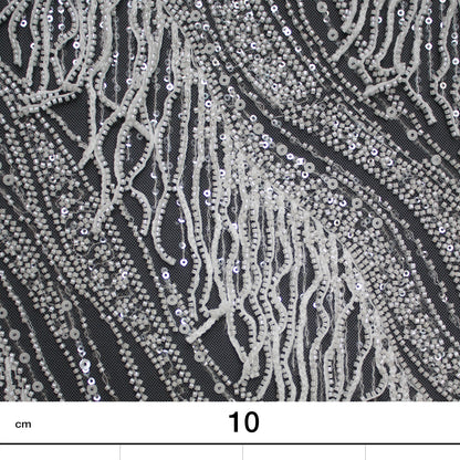 Haute Couture Tulle | All-Over Embroidered Tulle with Abstract Wavy Diagonal Bands, Sequins & Seed Bead Fringes | TRW4071