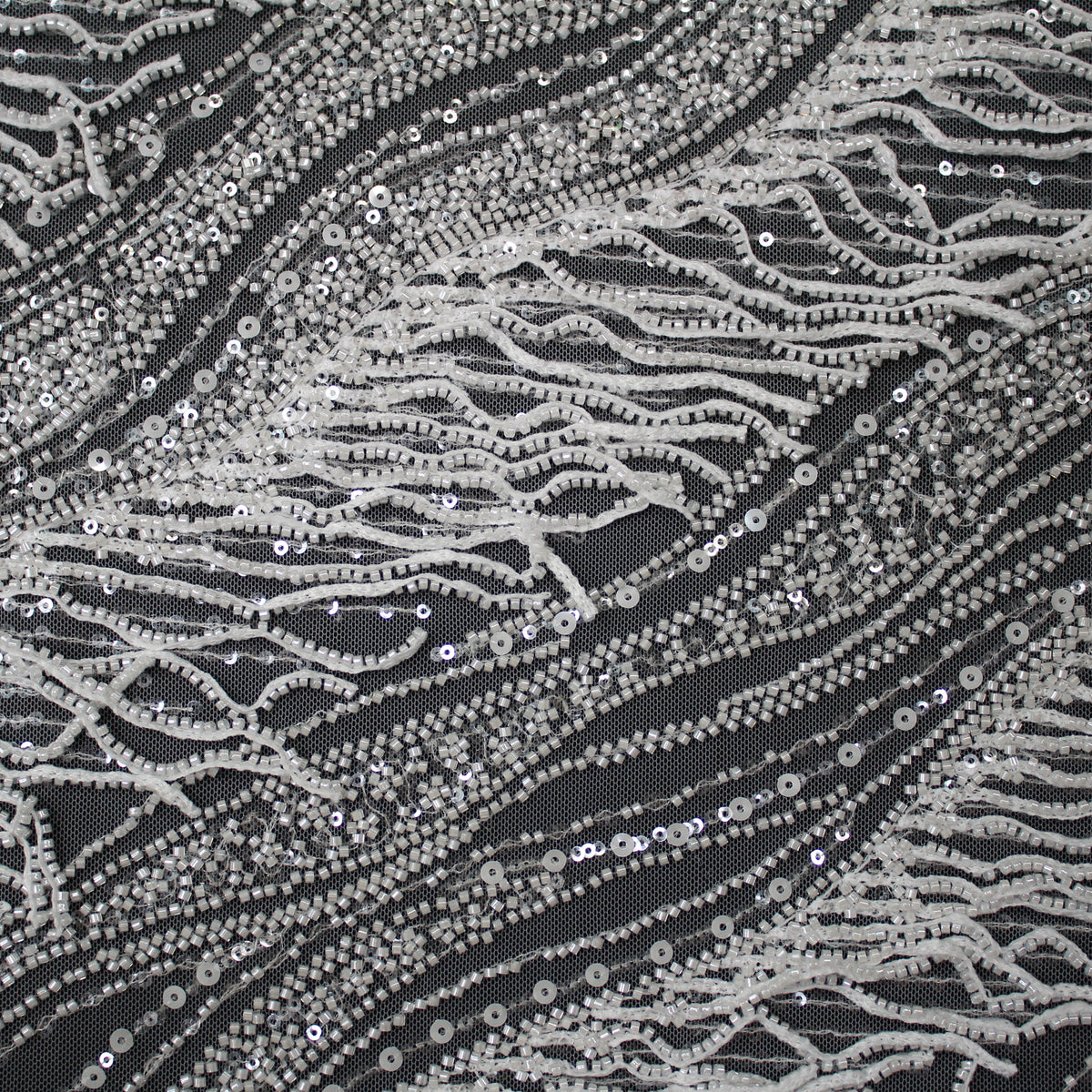 Haute Couture Tulle | All-Over Embroidered Tulle with Abstract Wavy Diagonal Bands, Sequins & Seed Bead Fringes | TRW4071